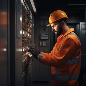 Conexões elétricas seguras: Trabalhador masculino com barba, vestindo uma jaqueta de segurança laranja e um capacete amarelo, focado na operação de um painel de controle elétrico. O ambiente é mal iluminado, com vários interruptores e luzes visíveis ao fundo