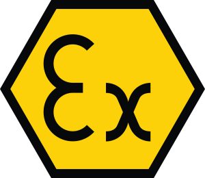 Produtos Ex: Uma placa hexagonal amarela com o texto "Ex" em letras pretas.