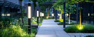 Iluminação pública: A imagem mostra um corredor externo bem iluminado por postes modernos de iluminação pública, cercado por vegetação e árvores. A luz quente das luminárias cria um ambiente aconchegante e sofisticado, destacando o paisagismo ao longo do caminho. No fundo, é possível ver edifícios e uma estrutura metálica que complementam o cenário urbano.